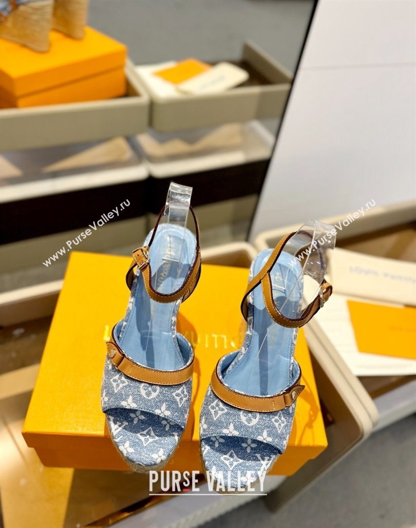 Louis Vuitton Helios Wedge Sandals 11cm in Monogram Jacquard Light Blue 2024 (MD-240426123)