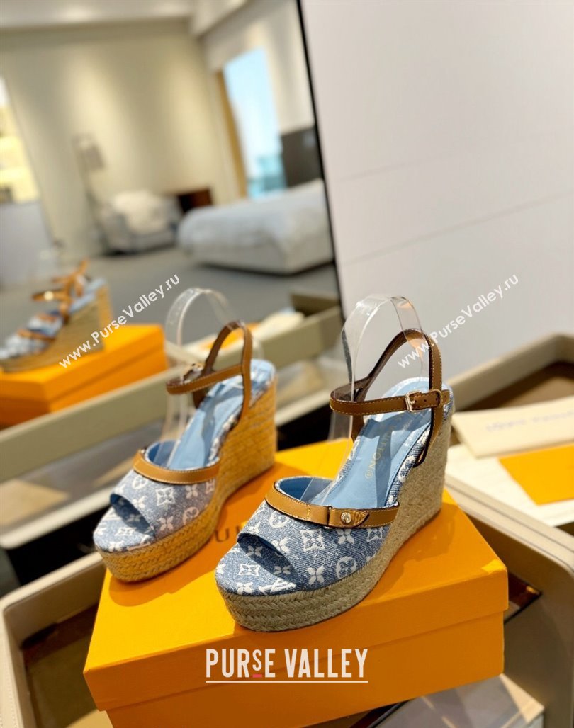 Louis Vuitton Helios Wedge Sandals 11cm in Monogram Jacquard Light Blue 2024 (MD-240426123)