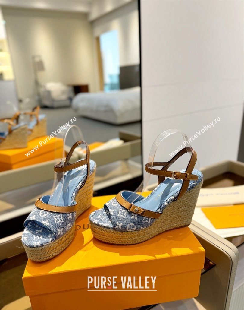 Louis Vuitton Helios Wedge Sandals 11cm in Monogram Jacquard Light Blue 2024 (MD-240426123)