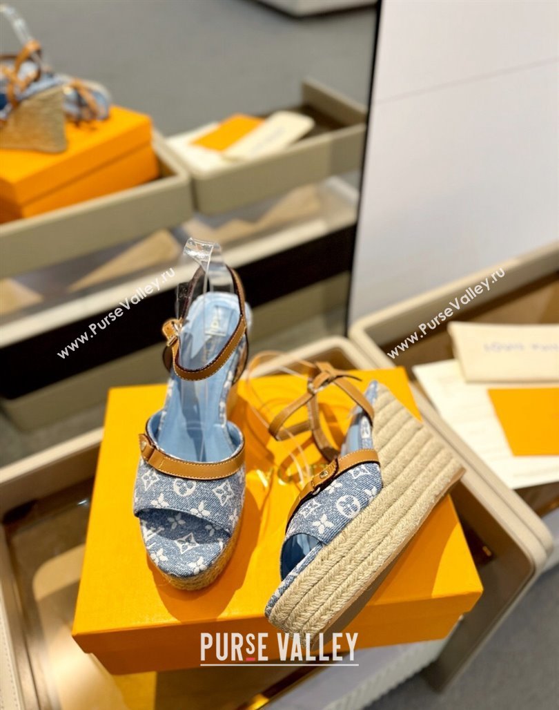 Louis Vuitton Helios Wedge Sandals 11cm in Monogram Jacquard Light Blue 2024 (MD-240426123)