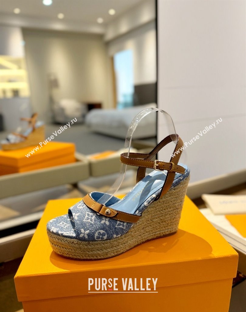 Louis Vuitton Helios Wedge Sandals 11cm in Monogram Jacquard Light Blue 2024 (MD-240426123)