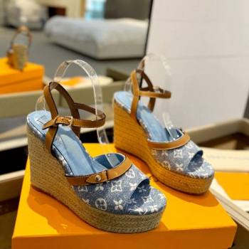 Louis Vuitton Helios Wedge Sandals 11cm in Monogram Jacquard Light Blue 2024 (MD-240426123)