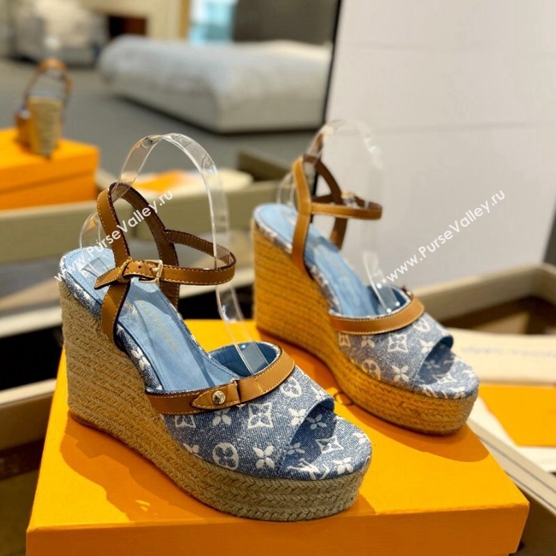 Louis Vuitton Helios Wedge Sandals 11cm in Monogram Jacquard Light Blue 2024 (MD-240426123)