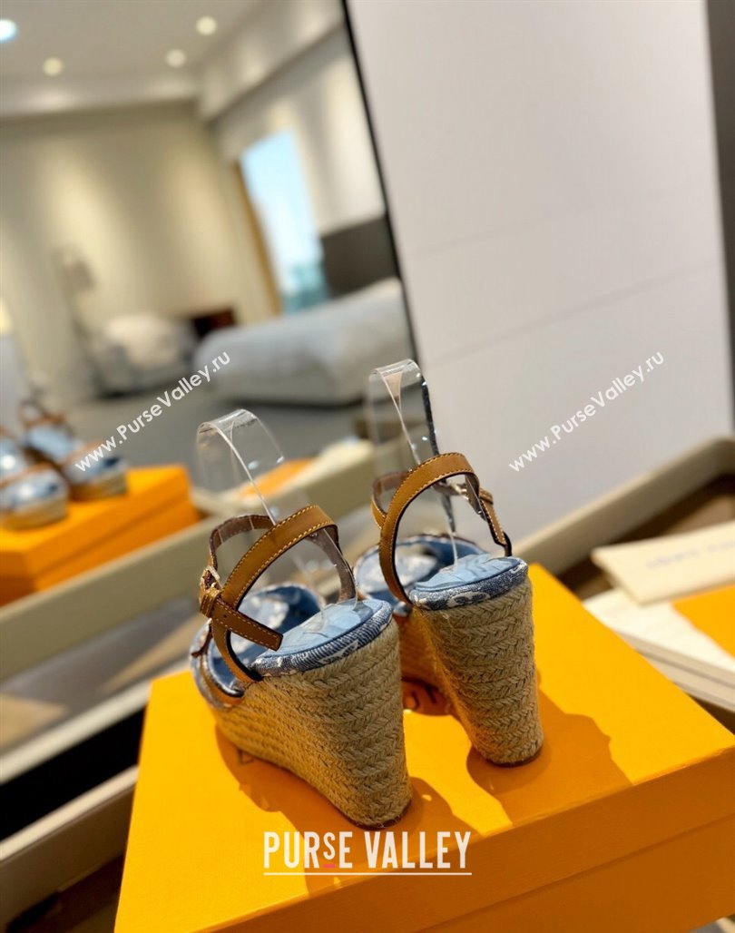 Louis Vuitton Helios Wedge Sandals 11cm in Monogram Jacquard Light Blue 2024 (MD-240426123)