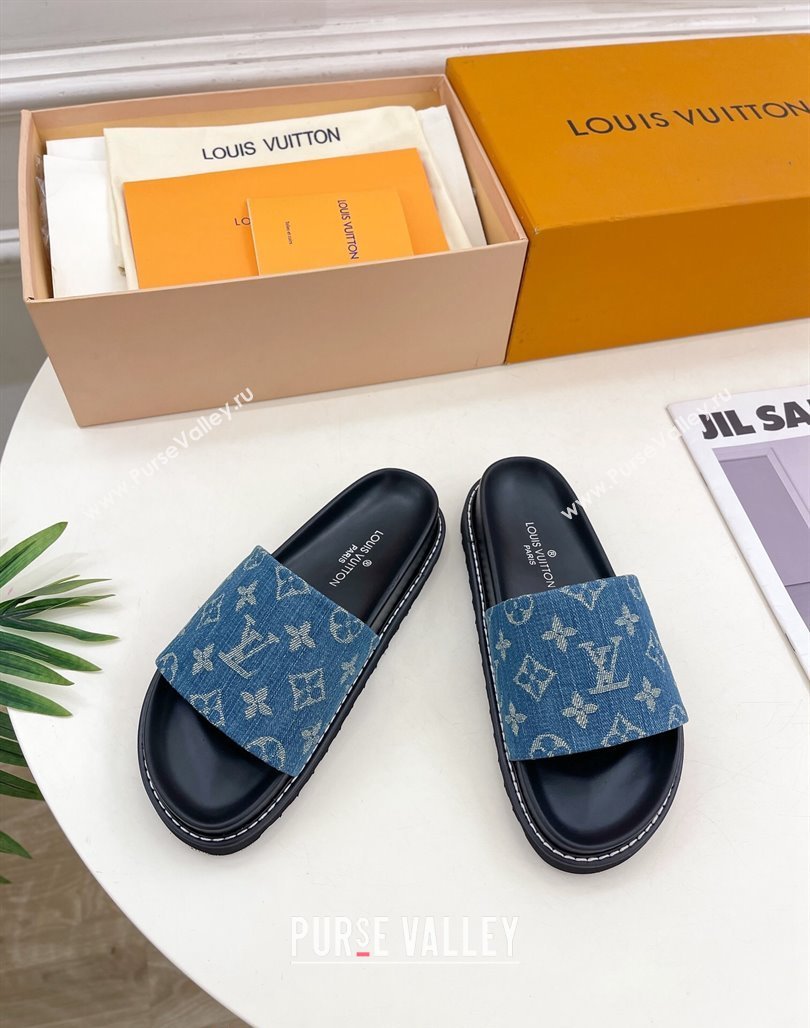 Louis Vuitton Blue Monogram Denim Flat Slide Sandals with Wide Strap 2024 0426 (MD-240426124)