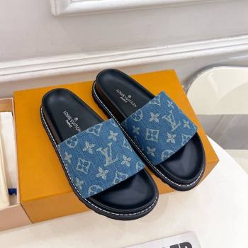 Louis Vuitton Blue Monogram Denim Flat Slide Sandals with Wide Strap 2024 0426 (MD-240426124)