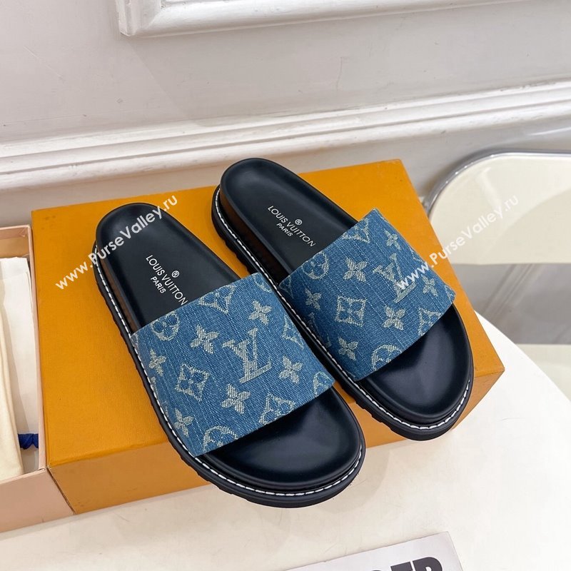 Louis Vuitton Blue Monogram Denim Flat Slide Sandals with Wide Strap 2024 0426 (MD-240426124)