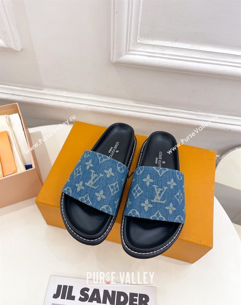 Louis Vuitton Blue Monogram Denim Flat Slide Sandals with Wide Strap 2024 0426 (MD-240426124)