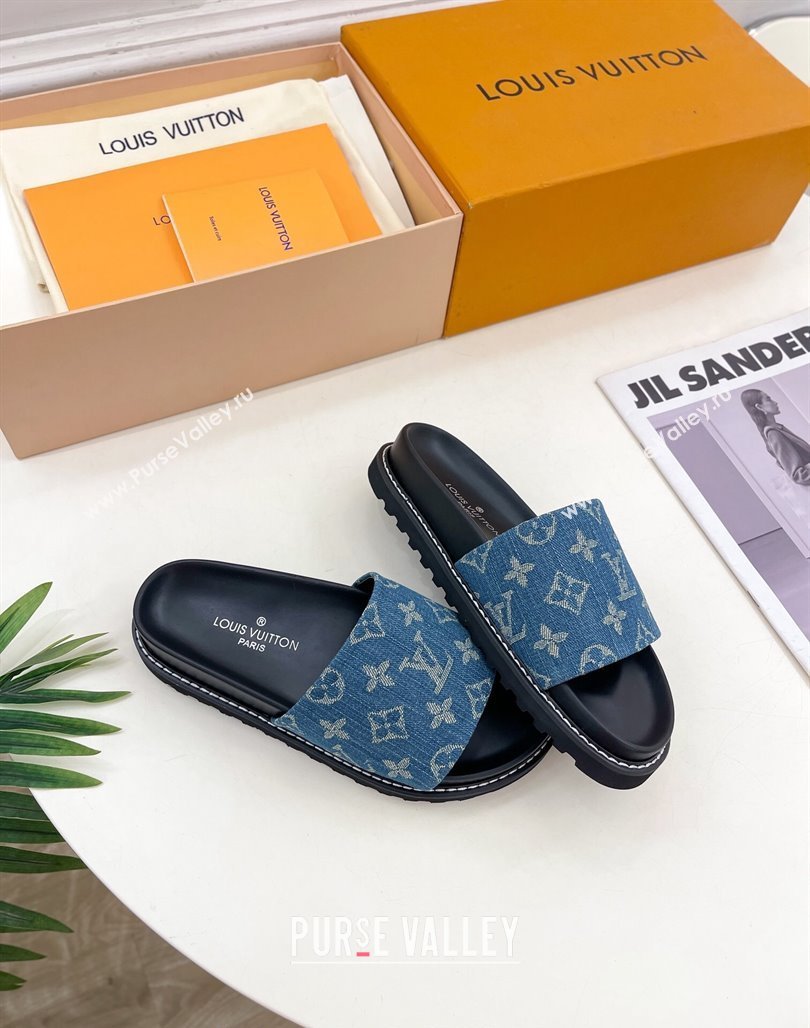 Louis Vuitton Blue Monogram Denim Flat Slide Sandals with Wide Strap 2024 0426 (MD-240426124)