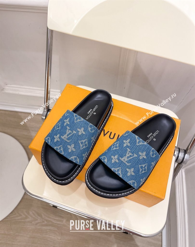 Louis Vuitton Blue Monogram Denim Flat Slide Sandals with Wide Strap 2024 0426 (MD-240426124)