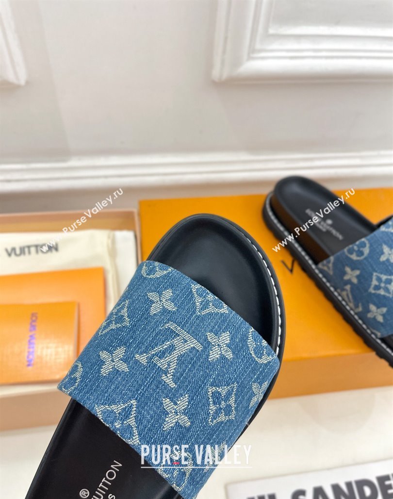 Louis Vuitton Blue Monogram Denim Flat Slide Sandals with Wide Strap 2024 0426 (MD-240426124)