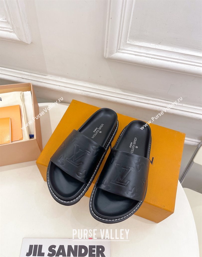 Louis Vuitton Monogram Calfskin Flat Slide Sandals with Wide Strap Black 2024 0426 (MD-240426127)