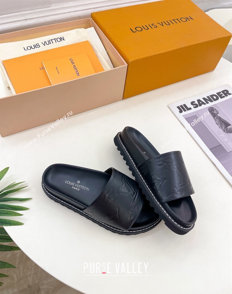 Louis Vuitton Monogram Calfskin Flat Slide Sandals with Wide Strap Black 2024 0426 (MD-240426127)
