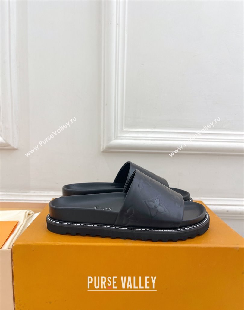 Louis Vuitton Monogram Calfskin Flat Slide Sandals with Wide Strap Black 2024 0426 (MD-240426127)