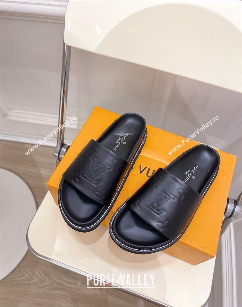 Louis Vuitton Monogram Calfskin Flat Slide Sandals with Wide Strap Black 2024 0426 (MD-240426127)