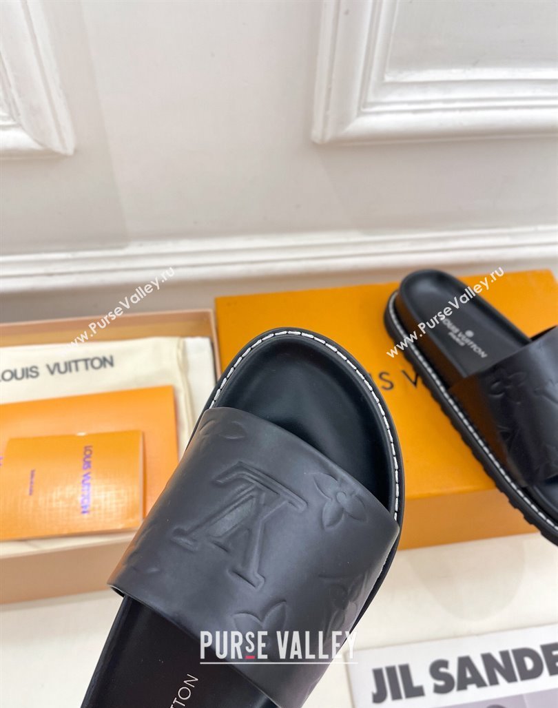 Louis Vuitton Monogram Calfskin Flat Slide Sandals with Wide Strap Black 2024 0426 (MD-240426127)