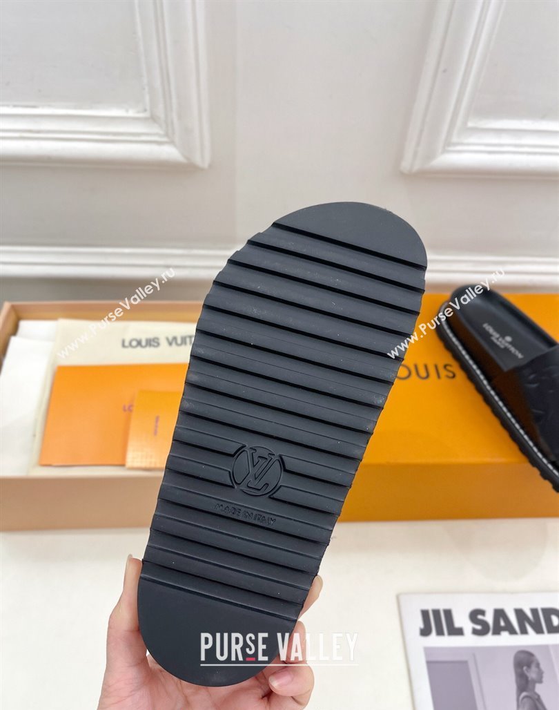 Louis Vuitton Monogram Calfskin Flat Slide Sandals with Wide Strap Black 2024 0426 (MD-240426127)