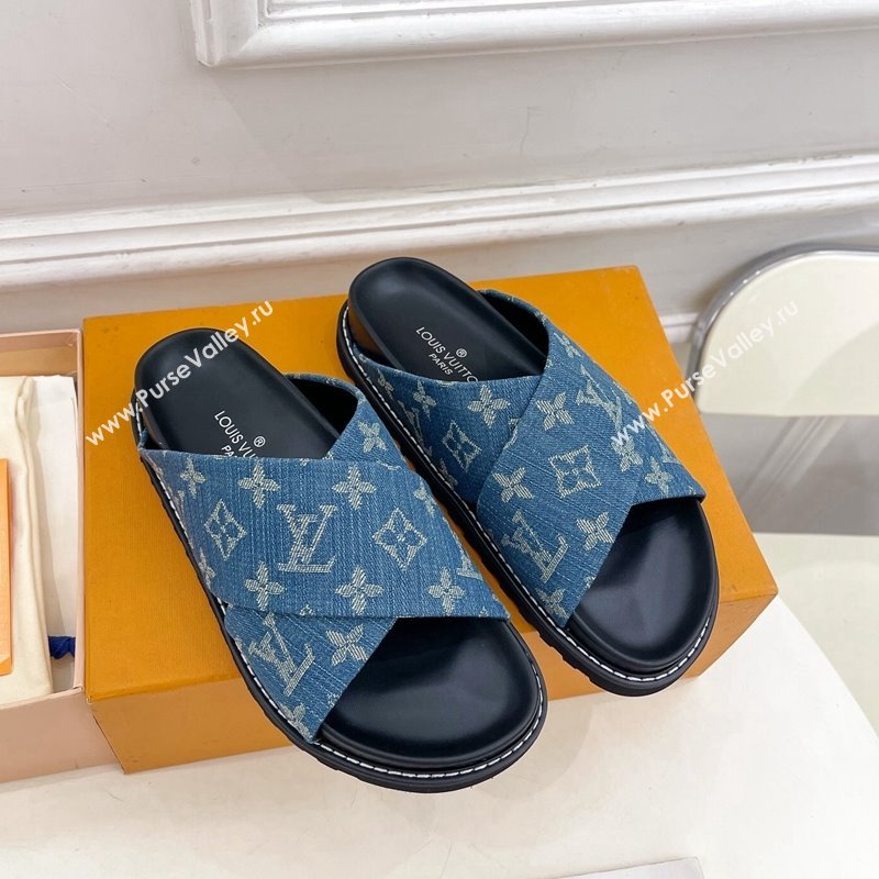 Louis Vuitton Blue Monogram Denim Flat Slide Sandals with Cross Strap 2024 0426 (MD-240426128)