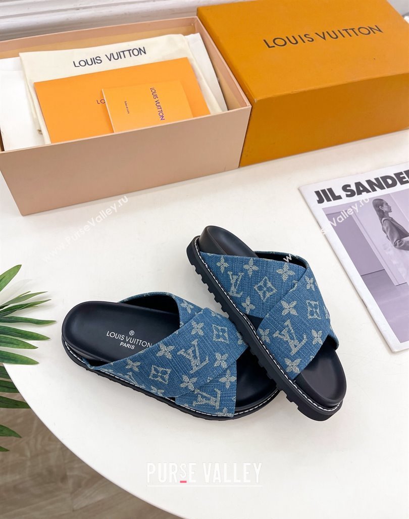 Louis Vuitton Blue Monogram Denim Flat Slide Sandals with Cross Strap 2024 0426 (MD-240426128)