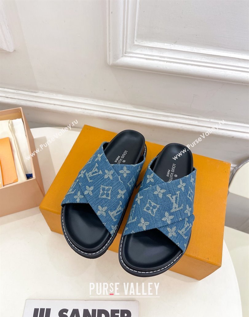 Louis Vuitton Blue Monogram Denim Flat Slide Sandals with Cross Strap 2024 0426 (MD-240426128)