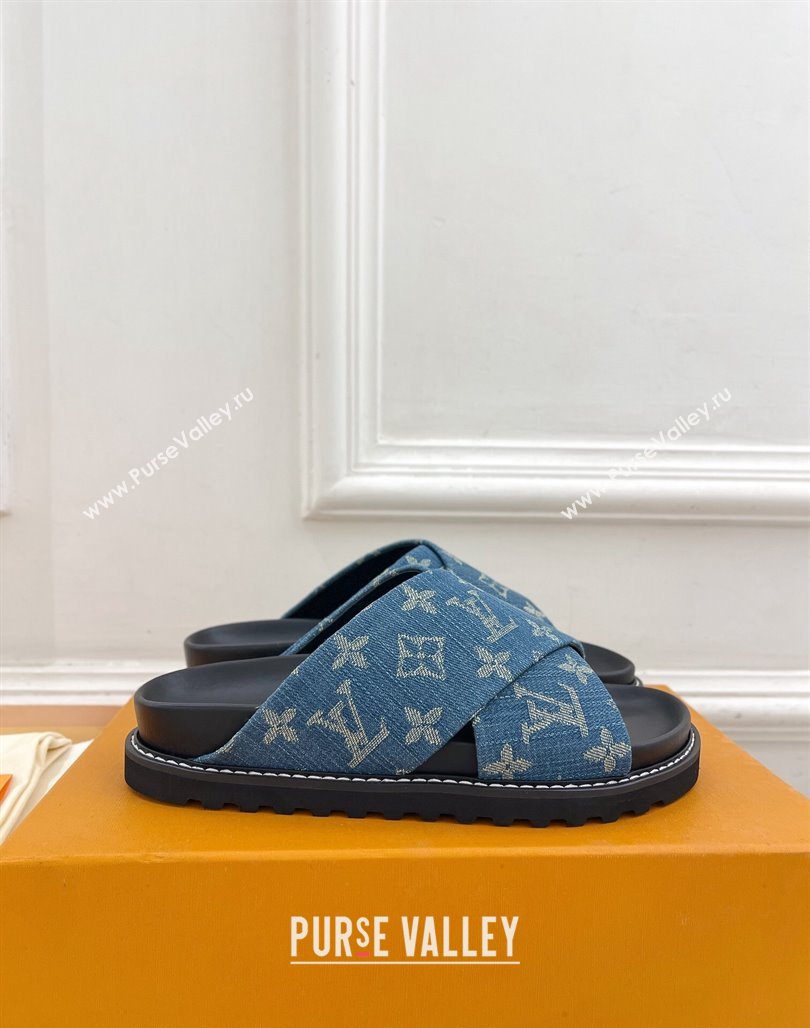 Louis Vuitton Blue Monogram Denim Flat Slide Sandals with Cross Strap 2024 0426 (MD-240426128)