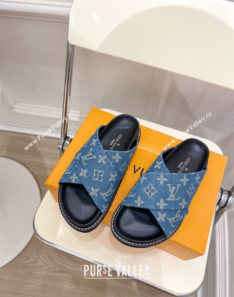 Louis Vuitton Blue Monogram Denim Flat Slide Sandals with Cross Strap 2024 0426 (MD-240426128)