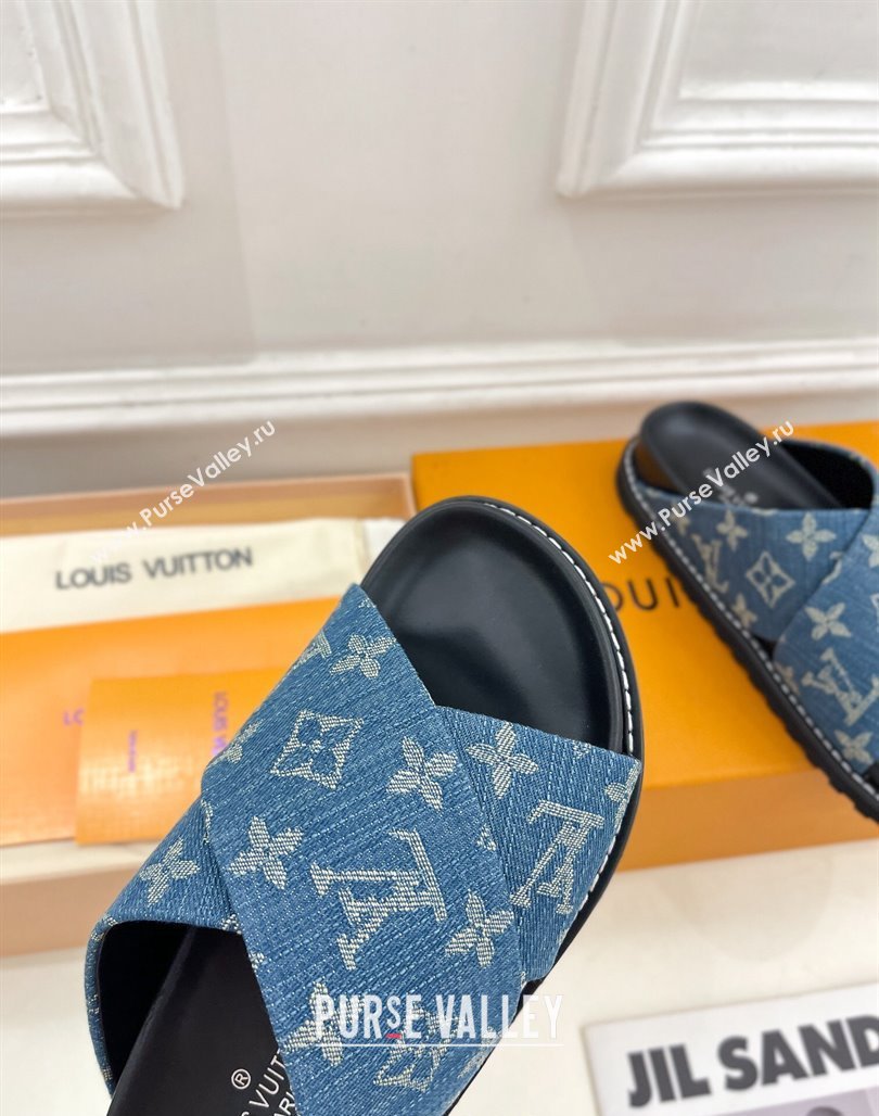 Louis Vuitton Blue Monogram Denim Flat Slide Sandals with Cross Strap 2024 0426 (MD-240426128)