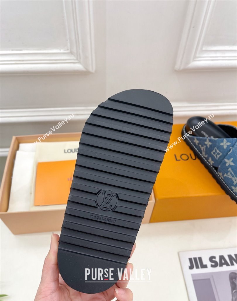 Louis Vuitton Blue Monogram Denim Flat Slide Sandals with Cross Strap 2024 0426 (MD-240426128)