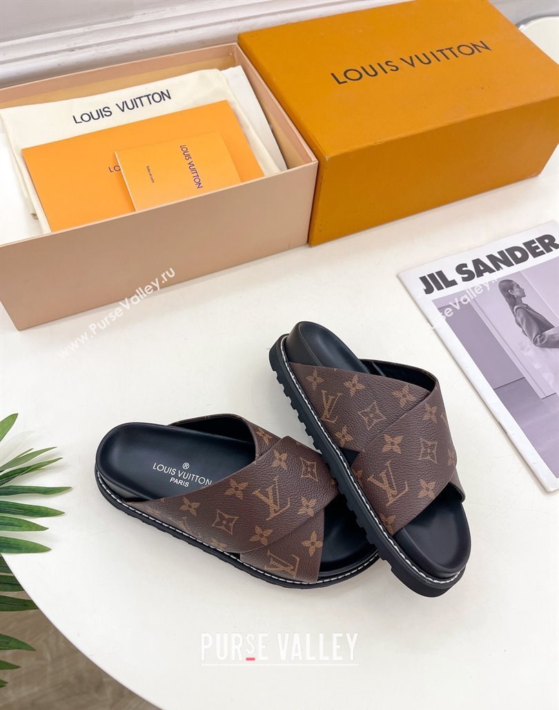 Louis Vuitton Monogram Canvas Flat Slide Sandals with Cross Strap 2024 0426 (MD-240426129)