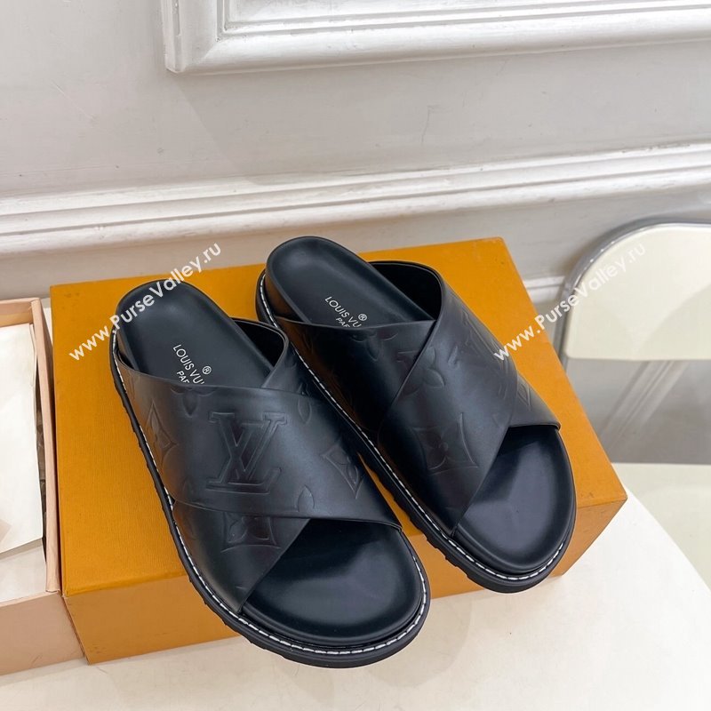 Louis Vuitton Monogram Calfskin Flat Slide Sandals with Cross Strap Black 2024 0426 (MD-240426131)