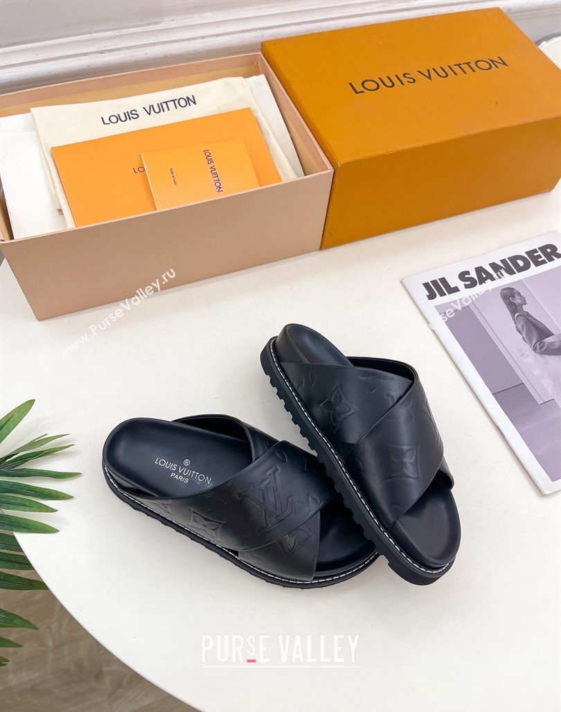 Louis Vuitton Monogram Calfskin Flat Slide Sandals with Cross Strap Black 2024 0426 (MD-240426131)