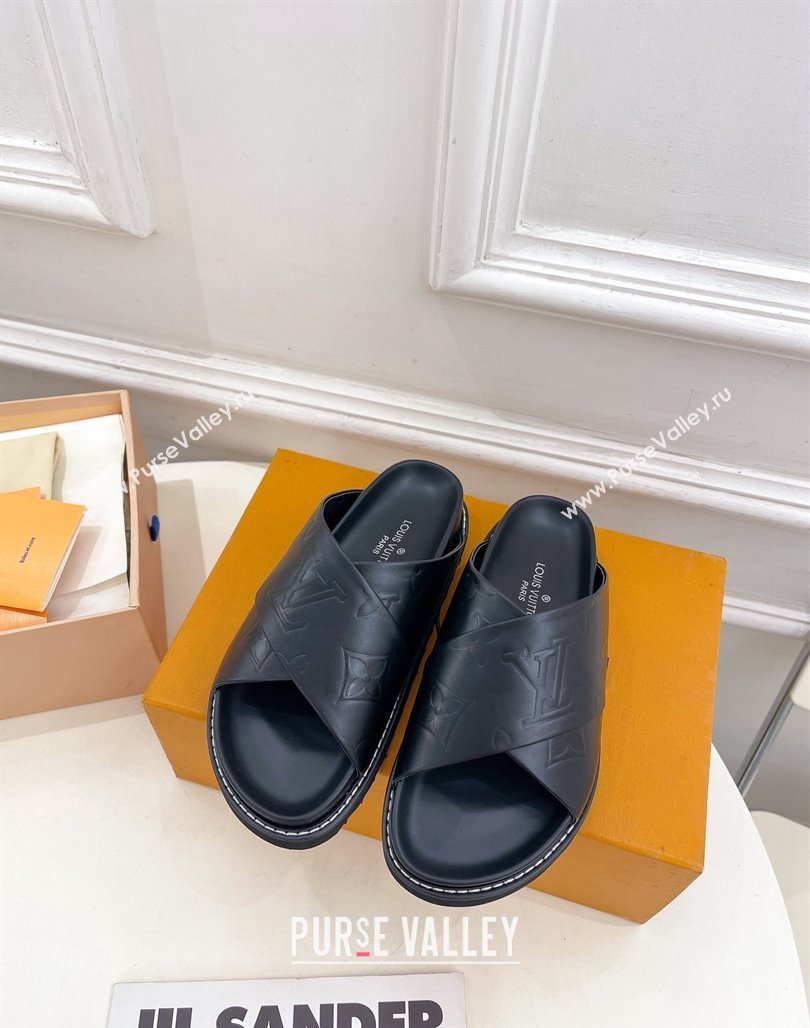 Louis Vuitton Monogram Calfskin Flat Slide Sandals with Cross Strap Black 2024 0426 (MD-240426131)