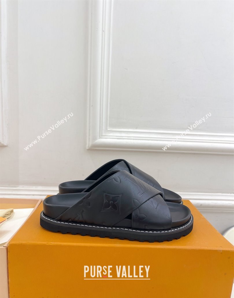 Louis Vuitton Monogram Calfskin Flat Slide Sandals with Cross Strap Black 2024 0426 (MD-240426131)