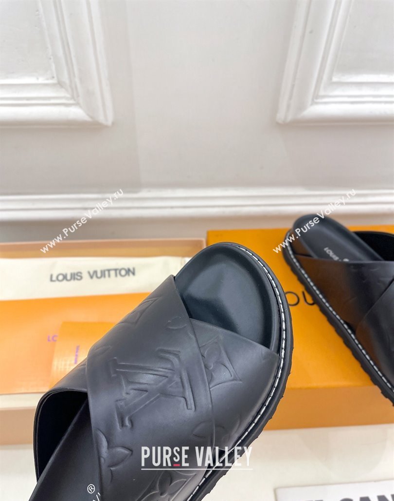 Louis Vuitton Monogram Calfskin Flat Slide Sandals with Cross Strap Black 2024 0426 (MD-240426131)