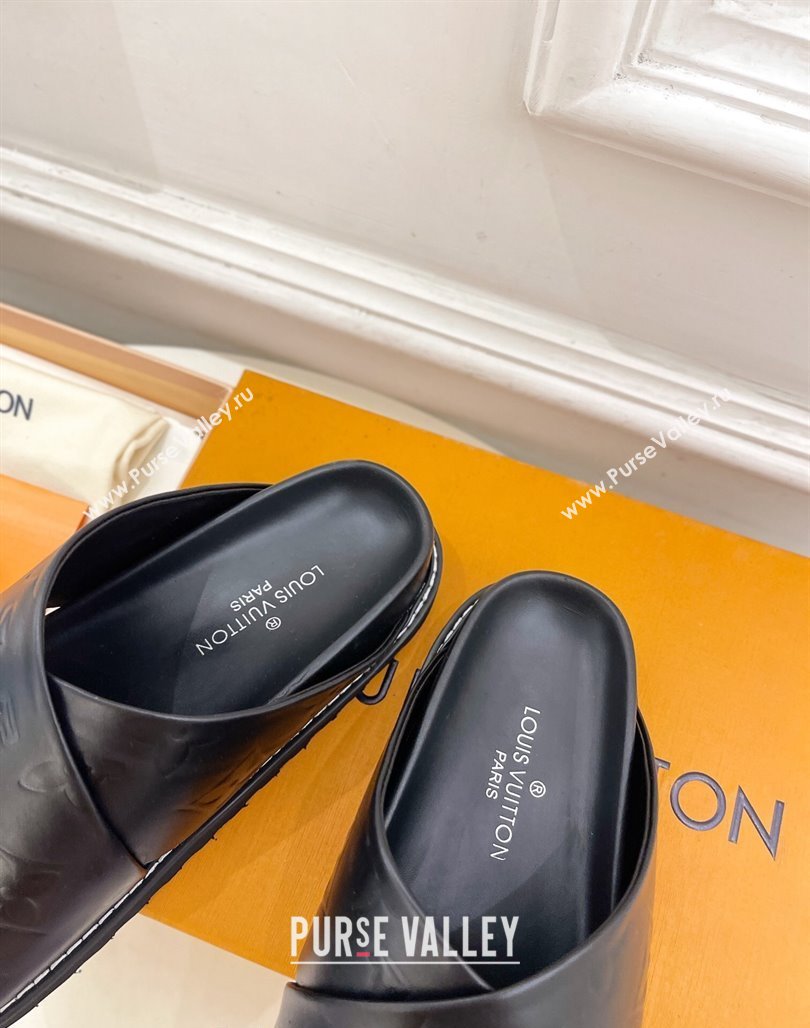 Louis Vuitton Monogram Calfskin Flat Slide Sandals with Cross Strap Black 2024 0426 (MD-240426131)