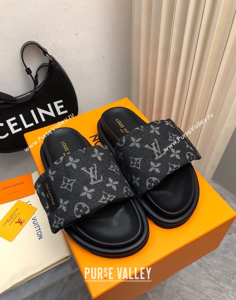 Louis Vuitton Pool Pillow Comfort Slide Sandals in Monogram Denim Black 2024 (MD-240426038)