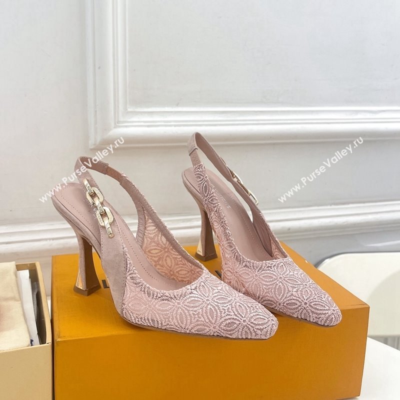 Louis Vuitton Sparkle Slingback Pumps 9.5cm in Monogram Flowers Lace Pink 2024 (MD-240426135)