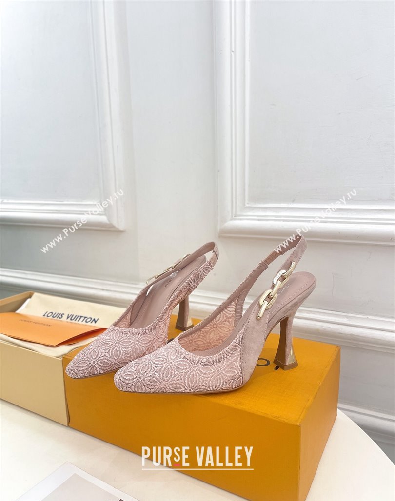 Louis Vuitton Sparkle Slingback Pumps 9.5cm in Monogram Flowers Lace Pink 2024 (MD-240426135)