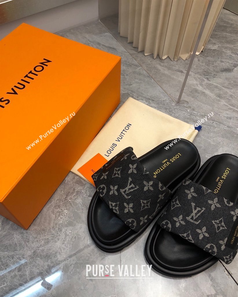 Louis Vuitton Pool Pillow Comfort Slide Sandals in Monogram Denim Black 2024 (MD-240426038)