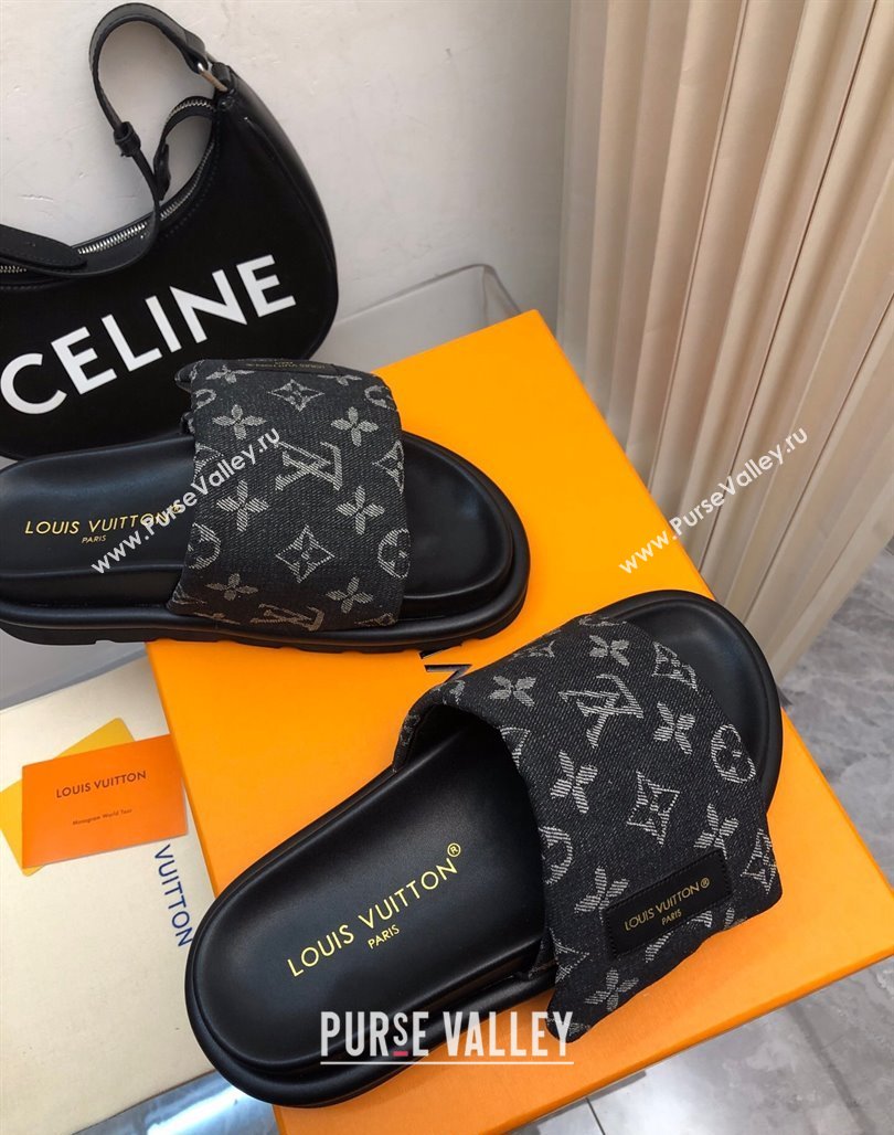 Louis Vuitton Pool Pillow Comfort Slide Sandals in Monogram Denim Black 2024 (MD-240426038)