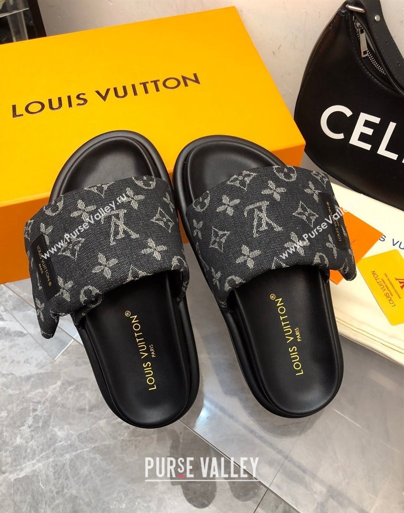 Louis Vuitton Pool Pillow Comfort Slide Sandals in Monogram Denim Black 2024 (MD-240426038)