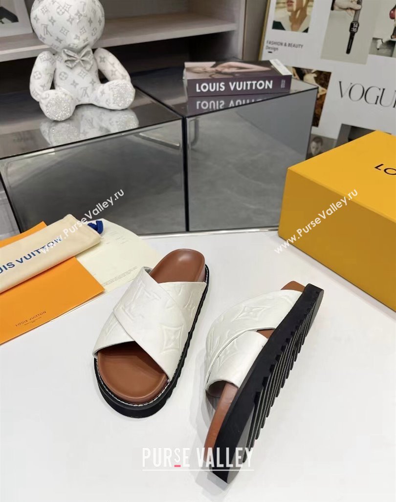 Louis Vuitton Womens Monogram Calfskin Flat Slide Sandals with Cross Strap White 2024 (MD-240426178)