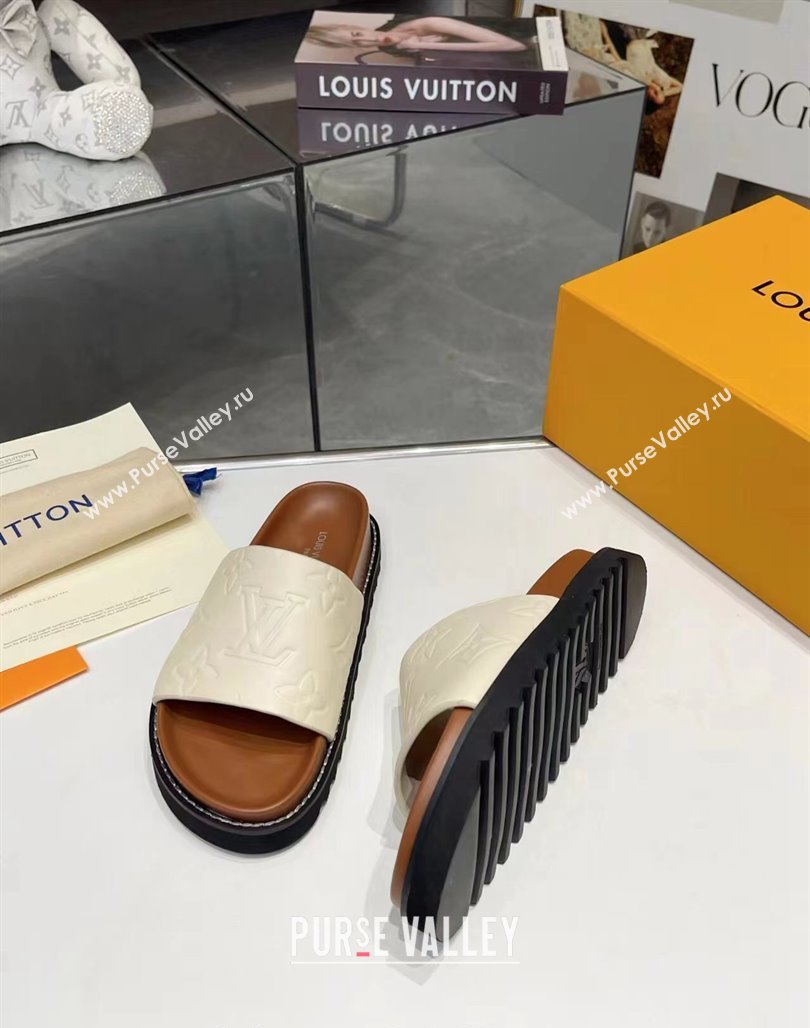 Louis Vuitton Womens Monogram Calfskin Flat Slide Sandals with Wide Strap White 2024 (MD-240426170)