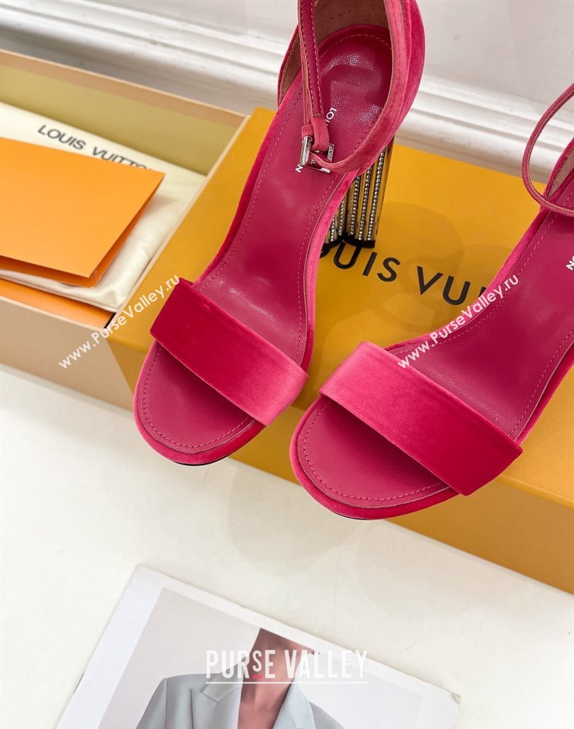 Louis Vuitton Silhouette Velvet High Heel Sandals 10cm with Crystals Pink 2024 (MD-240426179)