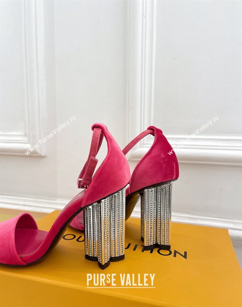 Louis Vuitton Silhouette Velvet High Heel Sandals 10cm with Crystals Pink 2024 (MD-240426179)