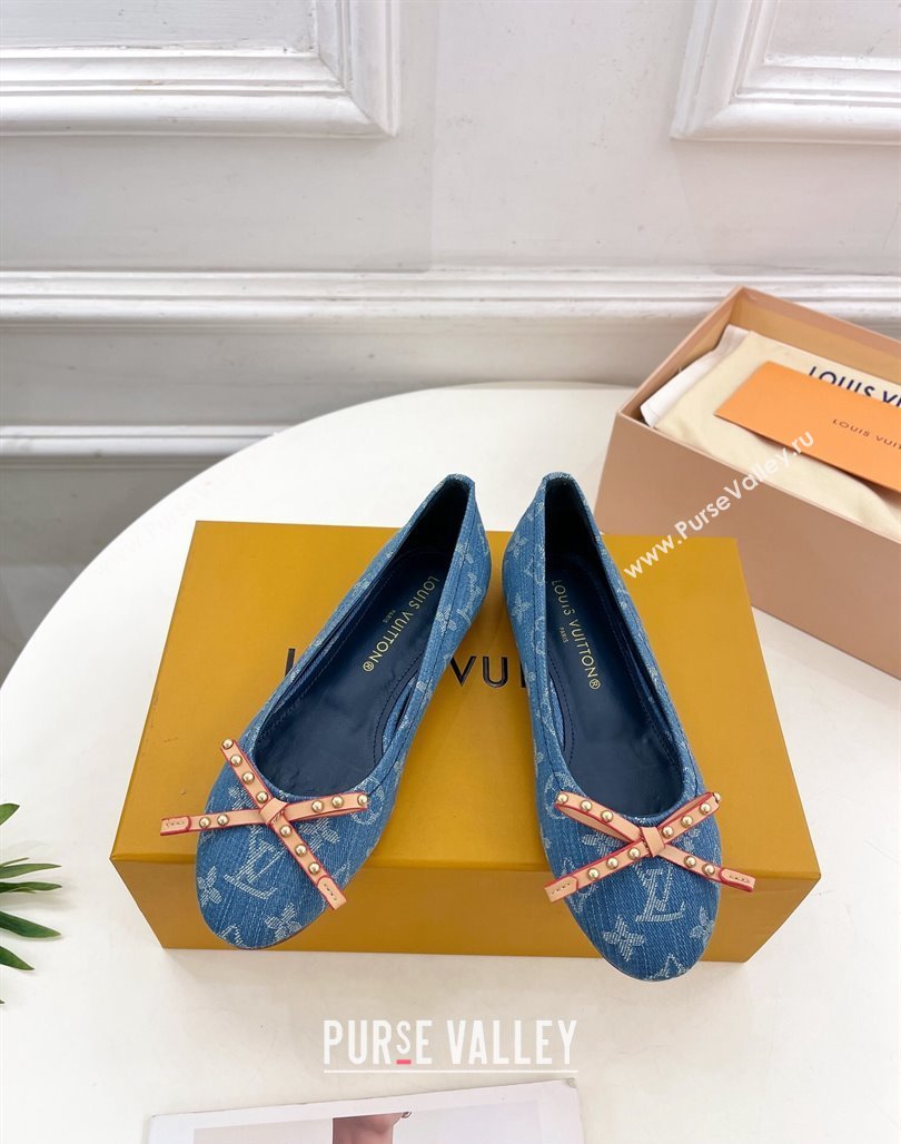 Louis Vuitton Nina Flat Ballerinas in Blue1 Monogram Denim with Stud Bow 2024 0426 (MD-240426185)