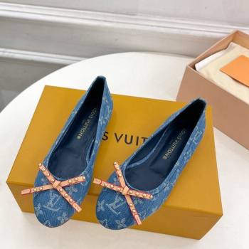 Louis Vuitton Nina Flat Ballerinas in Blue1 Monogram Denim with Stud Bow 2024 0426 (MD-240426185)