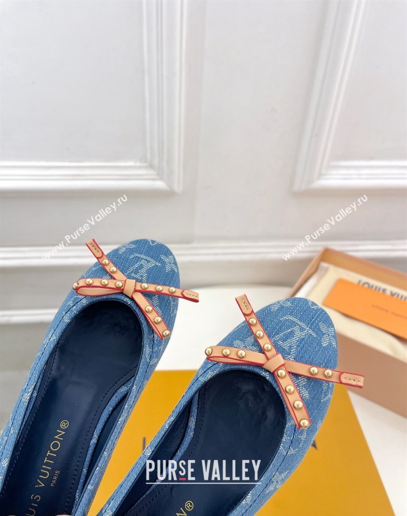 Louis Vuitton Nina Flat Ballerinas in Blue1 Monogram Denim with Stud Bow 2024 0426 (MD-240426185)