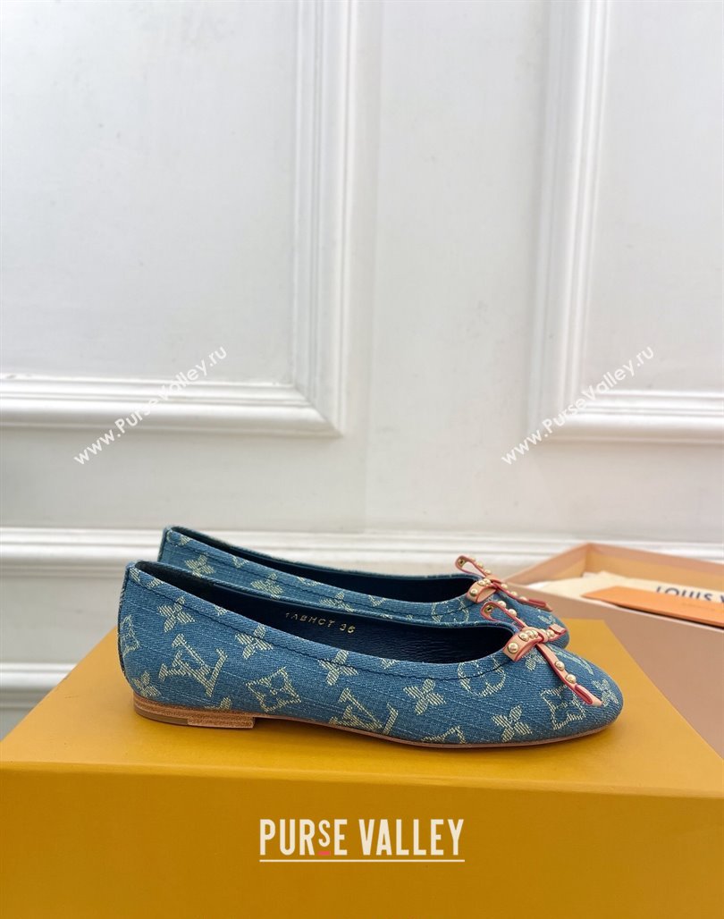 Louis Vuitton Nina Flat Ballerinas in Blue2 Monogram Denim with Stud Bow 2024 0426 (MD-240426186)