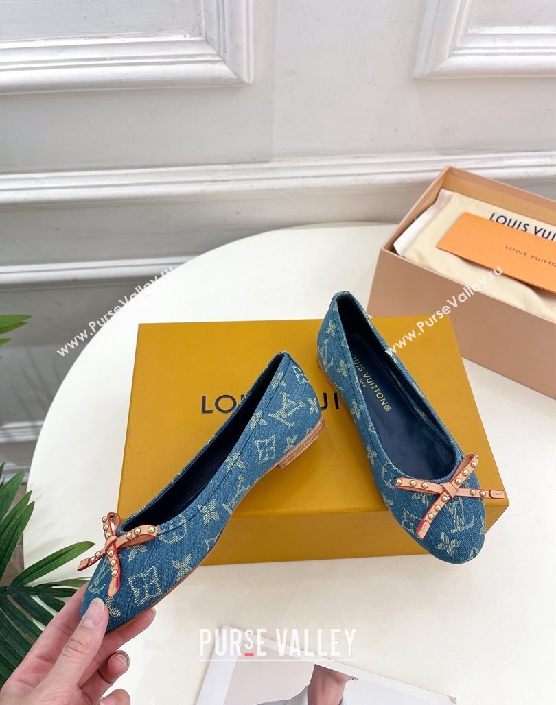 Louis Vuitton Nina Flat Ballerinas in Blue2 Monogram Denim with Stud Bow 2024 0426 (MD-240426186)